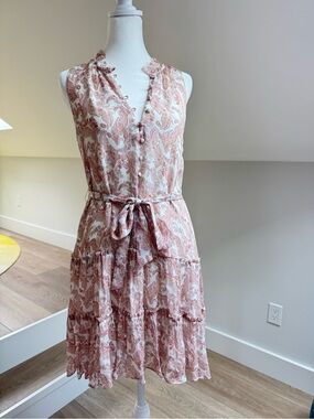 INTERMIX Pink Paisley Sleeveless Tie-Waist Tiered Mini Dress